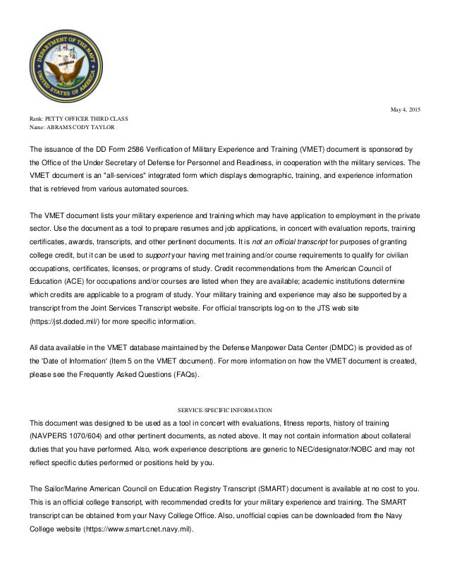 vmet form 2586 omfar mcpgroup co military transition cover letter