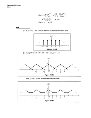 Signals and Systems
S4-10
y[n] = a" = a" L (la)
a n+1 _ n+1
a - #
n > 0,
y[n] = 0, n < 0
S4.8
(a) x(t) = E_= - kT) is a series of impulses spaced T apart.
x(t)
t
-2T -T 0 T 2T
Figure S4.8-1
(b) Using the result x(t) *(t - to) = x(to), we have
y(t)
.. t
-2 3 -1 3
3
0 1 1 2
2 2 2 2
Figure S4.8-2
So y(t) = x(t) * h(t) is as shown in Figure S4.8-3.
y(t)
2
-2 -3 -1 -j 0 1 1 3 2
22 2 2
Figure S4.8-3
 