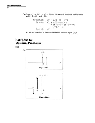 Signals and Systems
S4-6
(b) Since x 2(t) = 2[xl(t) - xl(t - 3)] and the system is linear and time-invariant,
y2(t) = 2[yi(t) - y1(t - 3)].
For 0 s t s 3: y2(t) = 2yi(t) = 4(1 - e-'/2)
For 3 t y 2(t) = 2y,(t) - 2yi(t - 3)
= 4(1 - e-1/2 4(1 - e- t
-3)2)
= 4e- t/2
e
3
/
2
_ 1
Fort< 0: y2(t) = 0
We see that this result is identical to the result obtained in part (a)(ii).
Solutions to
Optional Problems
S4.6
(a)
x(T)
1
T
0 1
Figure S4.6-1
h(-1 -r)
2,
-2 T
--
1 0
--1 '
Figure S4.6-2
 