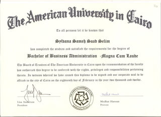 American University In Cairo Bachelor Degree Graduation Certificate