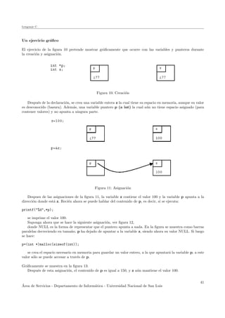 Lenguaje C
Un ejercicio gr´aﬁco
El ejercicio de la ﬁgura 10 pretende mostrar gr´aﬁcamente que ocurre con las variables y punteros durante
la creaci´on y asignaci´on.
Figura 10: Creaci´on
Despu´es de la declaraci´on, se crea una variable entera z la cual tiene su espacio en memoria, aunque su valor
es desconocido (basura). Adem´as, una variable puntero p (a int) la cual a´un no tiene espacio asignado (para
contener valores) y no apunta a ningura parte.
Figura 11: Asignaci´on
Despues de las asignaciones de la ﬁgura 11, la variable z contiene el valor 100 y la variable p apunta a la
direcci´on donde est´a z. Reci´en ahora se puede hablar del contenido de p, es decir, si se ejecuta:
printf("%d",*p);
se imprime el valor 100.
Suponga ahora que se hace la siguiente asignaci´on, ver ﬁgura 12,
donde NULL es la forma de representar que el puntero apunta a nada. En la ﬁgura se muestra como barras
paralelas decreciendo en tama˜no. p ha dejado de apuntar a la variable z, siendo ahora su valor NULL. Si luego
se hace:
p=(int *)malloc(sizeof(int));
se crea el espacio necesario en memoria para guardar un valor entero, a la que apuntar´a la variable p, a este
valor s´olo se puede accesar a trav´es de p.
Gr´aﬁcamente se muestra en la ﬁgura 13:
Despu´es de esta asignaci´on, el contenido de p es igual a 150, y z a´un mantiene el valor 100.
´Area de Servicios - Departamento de Inform´atica - Universidad Nacional de San Luis
41
 