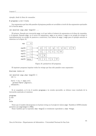 Lenguaje C
ejemplo, desde la l´ınea de comandos:
$ programa a.txt 5 hola
Los argumentos que han sido pasados al programa pueden ser accedidos a trav´es de dos argumentos opcionales
de la funci´on main:
int main(int argc,char *argv[]) ...
El primero, llamado por convenci´on argc, es el que indica el n´umero de argumentos en la l´ınea de comandos,
y el segundo, llamado argv, es el vector de argumentos. argc es un entero y argv es un arreglo de strings (o
equivalentemente un arreglo de punteros a caracteres). Los valores de argc y argv para el ejemplo anterior se
muestran en la ﬁgura 16.
’a’’p’ ’r’ ’o’ ’r’
argv[2]
argv[3]
argv[4]
argv[1]
4argc
’m’ ’a’ ’0’
’a’ ’t’ ’x’ ’t’ ’0’
’5’ ’0’
’h’ ’o’ ’l’ ’a’ ’0’
argv[0]
NULL
’g’
’.’
Figura 16: par´ametros del programa
El siguiente programa imprime todos los strings que han sido pasados como argumento:
#include <stdio.h>
int main(int argc,char *argv[]) {
int i;
for(i = 0;i < argc;i++)
printf("%sn",argv[i]);
return(0);
}
Si al compilarlo, se le da el nombre programa a la versi´on ejecutable, se obtiene como resultado de la
invocaci´on mostrada al comienzo:
programa
a.txt
5
hola
Notar que el nombre del programa es el primer string en el arreglo de valores argv. Tambi´en el ANSI est´andar
garantiza que argv[argc] es NULL.
Notar tambi´en que la expresi´on char *argv[] es totalmente equivalente a char **argv.
´Area de Servicios - Departamento de Inform´atica - Universidad Nacional de San Luis
61
 