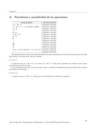 Lenguaje C
A. Precedencia y asociatividad de las operaciones
OPERADORES ASOCIATIVIDAD
() . [] -> izquierda a derecha
! ~ ++ -- + - * & (tipo) sizeof derecha a izquierda
* / % izquierda a derecha
+ - izquierda a derecha
<< >> izquierda a derecha
< <= > >= izquierda a derecha
== != izquierda a derecha
& izquierda a derecha
^ izquierda a derecha
| izquierda a derecha
&& izquierda a derecha
|| izquierda a derecha
?: derecha a izquierda
= += -= *= /= %= &= ^= |= <<= >>= derecha a izquierda
, izquierda a derecha
Los operadores que est´an en la misma l´ınea tienen la misma precedencia. La precedencia disminuye de arriba
hacia abajo, eso quiere decir, que por ejemplo:
a + b * c
se ejecuta como a + (b * c) y no como (a + b) * c, dado que el operador de producto tiene mayor
precedencia que el de la suma.
La asociatividad tiene que ver con el orden en que se eval´uan los argumentos para operadores de la misma
precedencia. Por ejemplo:
a = b = c;
se ejecuta como a = (b = c), dado que la asociatividad es de derecha a izquierda.
´Area de Servicios - Departamento de Inform´atica - Universidad Nacional de San Luis
68
 