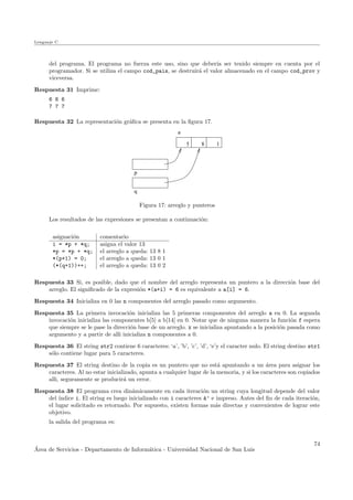 Lenguaje C
del programa. El programa no fuerza este uso, sino que deber´ıa ser tenido siempre en cuenta por el
programador. Si se utiliza el campo cod_pais, se destruir´a el valor almacenado en el campo cod_prov y
viceversa.
Respuesta 31 Imprime:
6 6 6
7 7 7
Respuesta 32 La representaci´on gr´aﬁca se presenta en la ﬁgura 17.
5 8 1
p
a
q
Figura 17: arreglo y punteros
Los resultados de las expresiones se presentan a continuaci´on:
asignaci´on comentario
i = *p + *q; asigna el valor 13
*p = *p + *q; el arreglo a queda: 13 8 1
*(p+1) = 0; el arreglo a queda: 13 0 1
(*(q+1))++; el arreglo a queda: 13 0 2
Respuesta 33 Si, es posible, dado que el nombre del arreglo representa un puntero a la direcci´on base del
arreglo. El signiﬁcado de la expresi´on *(a+i) = 6 es equivalente a a[i] = 6.
Respuesta 34 Inicializa en 0 las n componentes del arreglo pasado como argumento.
Respuesta 35 La primera invocaci´on inicializa las 5 primeras componentes del arreglo a en 0. La segunda
invocaci´on inicializa las componentes b[5] a b[14] en 0. Notar que de ninguna manera la funci´on f espera
que siempre se le pase la direcci´on base de un arreglo. x se inicializa apuntando a la posici´on pasada como
argumento y a partir de alli inicializa n componentes a 0.
Respuesta 36 El string str2 contiene 6 caracteres: ‘a’, ’b’, ’c’, ’d’, ‘e’y el caracter nulo. El string destino str1
s´olo contiene lugar para 5 caracteres.
Respuesta 37 El string destino de la copia es un puntero que no est´a apuntando a un ´area para asignar los
caracteres. Al no estar inicializado, apunta a cualquier lugar de la memoria, y si los caracteres son copiados
alli, seguramente se producir´a un error.
Respuesta 38 El programa crea din´amicamente en cada iteraci´on un string cuya longitud depende del valor
del ´ındice i. El string es luego inicializado con i caracteres ´a’ e impreso. Antes del ﬁn de cada iteraci´on,
el lugar solicitado es retornado. Por supuesto, existen formas m´as directas y convenientes de lograr este
objetivo.
la salida del programa es:
´Area de Servicios - Departamento de Inform´atica - Universidad Nacional de San Luis
74
 