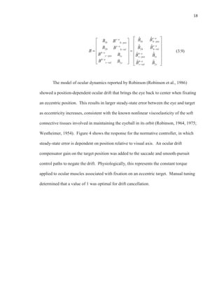 18
11
2 2
1 1
2
2
ˆ ˆ
ˆ ˆ
ˆ ˆ
ˆ ˆ
v ev e
h h posh h pos
v ev e
h h h velh vel
h e h e
v pos v v pos v
h e
h e
v vel v
v vel v
B BB B
B B BB
B
B B B B
B B B B
(3.9)
The model of ocular dynamics reported by Robinson (Robinson et al., 1986)
showed a position-dependent ocular drift that brings the eye back to center when fixating
an eccentric position. This results in larger steady-state error between the eye and target
as eccentricity increases, consistent with the known nonlinear viscoelasticity of the soft
connective tissues involved in maintaining the eyeball in its orbit (Robinson, 1964, 1975;
Westheimer, 1954). Figure 4 shows the response for the normative controller, in which
steady-state error is dependent on position relative to visual axis. An ocular drift
compensator gain on the target position was added to the saccade and smooth-pursuit
control paths to negate the drift. Physiologically, this represents the constant torque
applied to ocular muscles associated with fixation on an eccentric target. Manual tuning
determined that a value of 1 was optimal for drift cancellation.
 