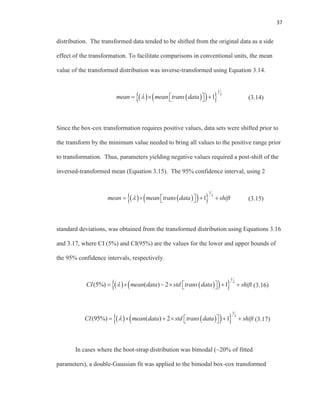 37
distribution. The transformed data tended to be shifted from the original data as a side
effect of the transformation. To facilitate comparisons in conventional units, the mean
value of the transformed distribution was inverse-transformed using Equation 3.14.
(3.14)
Since the box-cox transformation requires positive values, data sets were shifted prior to
the transform by the minimum value needed to bring all values to the positive range prior
to transformation. Thus, parameters yielding negative values required a post-shift of the
inversed-transformed mean (Equation 3.15). The 95% confidence interval, using 2
(3.15)
standard deviations, was obtained from the transformed distribution using Equations 3.16
and 3.17, where CI (5%) and CI(95%) are the values for the lower and upper bounds of
the 95% confidence intervals, respectively.
(3.16)
(3.17)
In cases where the boot-strap distribution was bimodal (~20% of fitted
parameters), a double-Gaussian fit was applied to the bimodal box-cox transformed
1
1mean mean trans data
1
1mean mean trans data shift
1
(5%) ( ) 2 1CI mean data std trans data shift
1
(95%) ( ) 2 1CI mean data std trans data shift
 