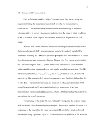 43
4.1.4 Accuracy and Precision Analysis
Prior to fitting the model to subject’s eye movement data, the accuracy and
precision of fitting the model parameters to task-specific eye movements was
characterized. This provided an estimate of the bias and uncertainty in parameter
estimates relative to known values drawn randomly from the range of initial conditions
(ICs). A -10 to 10 factor range of the true value was used as the perturbation, or IC,
range.
A model with known parameter values was used to generate simulated data sets
that were subsequently fit by an unconstrained model with randomly sampled ICs.
Parameters including the 1-D ocular dynamics (plant) and dead zone were fixed to values
from literature and were not perturbed during this analysis. Free parameters, including
the 1-D controller gains and 2-D system interactions, were fixed to values from the
initial-model (nominal values) and were individually perturbed one-at-a-time. The 2D
interaction parameters, Av-pos
h-vel, Ah-pos
v-vel and Bv-e
h-vel were fixed to 0.3, 0.2 and 0.1
respectively. The remaining 2-D interaction parameters were fixed to 0.01 based on fits
to pilot data. To evaluate the accuracy and precision of fitting each parameter, 1000
model fits were made to 50 seconds of simulated eye movements. A box-cox
transformation was then applied (Equations 3.13 and 3.14) to normalize the distributions
and estimate the best-fit parameter.
The accuracy of the model fits was evaluated by comparing the nominal values
with the best-fit values from the bootstrap analysis. The relative standard deviation as a
percentage of the mean (best-fit) value was computed from the box-cox transformed
distributions using Equation 4.2 (PNNL, 2008) to evaluate the precision of the model fit
 