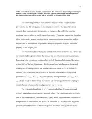 45
within one standard deviation from the nominal value. The estimate for the smooth-pursuit integral
gain (SP I gain) was more than 5 standard deviations from the nominal value, suggesting that the
parameter estimate was inaccurate and may be unreliable for fitting to subject data.
The controller parameters were generally precise with the exception of the
proportional and derivative gains of smooth-pursuit control. The lack of precision
suggests these parameters are less sensitive to changes in the model that lower the
positional error, resulting in a wide range of estimates. This could suggest that the values
of the initial-model, around which the initial parameter estimates are sampled, and the
ranges/types of motion tested may not have adequately spanned the space needed to
properly fit the integral gain.
The parameters characterizing the interactions between horizontal and vertical eye
movements had less precision than the saccade and smooth-pursuit control parameters.
Interestingly, the velocity-on-position effect for both directions had standard deviations
within 100% of the best-fit estimate. The horizontal error’s influence on the vertical
velocity had the most precision: one standard deviation within 46.7% of the best-fit
estimate. One explanation for differences in precision between horizontally-based
parameters (Ah-pos
v-pos, Bh-e
v-vel…etc.) and vertically-based parameters (Av-pos
h-pos, Bv-e
h-
vel…etc.) is based on the randomly-chosen data set, where larger horizontal targets give
more influence to horizontally-based parameters and vice versa.
The z-scores indicated that 16 of 17 parameters had best-fit values estimated
within 1 standard deviation from their nominal values. The exception was the derivative
gain of the smooth-pursuit control (z-score=5.466), which suggests that the estimation of
this parameter is unreliable for our model. Its estimation to a negative value suggests a
preference to add resistance to the smooth-pursuit movement already initiated by the
 