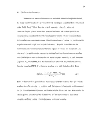 54
4.2.3 2-D Interaction Parameters
To examine the interaction between the horizontal and vertical eye movements,
the model was fit to subjects’ responses to the 2-D (oblique) saccade and smooth-pursuit
tasks. Table 3 and Table 4 show the best-fit parameter values (by subjects)
characterizing the system interactions between horizontal and vertical position and
velocity during saccade and smooth-pursuit eye movements. Positive values indicate
horizontal eye movements accentuate either the magnitude of vertical eye position or the
magnitude of vertical eye velocity (and vice versa). Negative values indicate that
horizontal eye movements attenuate the same aspects of vertical eye movements (and
vice versa). In addition to the parametric statistical metrics, the relative mean absolute
error (RMAE) was used to characterize the model output’s sensitivity to each parameter
(Equation 4.3, where MAE_R is the mean absolute error with the parameter removed
from the model and MAE_F is the mean absolute error with the full model). From
_ _
*100
_
MAE R MAE F
RMAE
MAE F
(4.3)
Table 3, the interaction gains indicate that subjects tended to increase their eye velocity
as a function of cross-axial eye position, such that changes in horizontal position pushed
the eye vertically outward (upward and downward) for the saccade task. Conversely, the
smooth-pursuit task showed that more medial eye positions increased cross-axial
velocities, and that vertical velocity increased horizontal velocity.
 