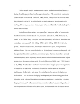 75
Unlike saccade control, smooth-pursuit control emphasizes speed and accuracy
during closed-loop control and is often approximated as a PID controller in oculomotor
control models (Balkenius & Johansson, 2005; Brown, 1989), where the addition of the
integral gain is crucial for the minimization of steady-state error during closed-loop
tracking. However, comparison of actual gain values is difficult due to a lack of reported
values from literature.
Vertical smooth-pursuit eye movements have been observed to be less accurate
than horizontal movements (Baloh, Yee, Honrubia, & Jacobson, 1988; Rottach et al.,
1996). In the current study, PID gains were not significantly different for horizontal and
vertical eye movements (P: t(9)=0.40, p=0.70; I: t(11)=0.55, p=0.59; D: t(14)=0.68,
p=0.51). Despite insignificance, the integral and derivative gains, averaged across
subjects (Figure 18), were generally higher for the horizontal versus vertical control, with
the opposite relationship seen for the proportional gain. Previous studies have reported
smaller target-eye phase lag during smooth-pursuit in the horizontal direction and higher
accelerations during smooth-pursuit in the vertical direction (Baloh et al., 1988; Rottach
et al., 1996). Based on these results, the proportional and integral gains were expected to
be higher for the horizontal versus vertical control to emulate accurate horizontal
tracking, and the derivative gain larger for vertical control to account for higher eye
accelerations. This reveals the ambiguity of interpreting movement strategy based on
PID gains as the effects of the gains on the movement dynamics can overlap, especially
the proportional gain’s influence on both movement speed and accuracy. Regardless of
the interpretation of the individual control gains, a larger sample size of subjects would
 