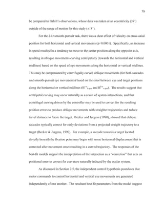 79
be compared to Bahill’s observations, whose data was taken at an eccentricity (39˚)
outside of the range of motion for this study (±18˚).
For the 2-D smooth-pursuit task, there was a clear effect of velocity on cross-axial
position for both horizontal and vertical movements (p<0.0001). Specifically, an increase
in speed resulted in a tendency to move to the center position along the opposite axis,
resulting in oblique movements curving centripetally (towards the horizontal and vertical
midlines) based on the speed of eye movements along the horizontal or vertical midlines.
This may be compensated by centrifugally curved oblique movements (for both saccades
and smooth-pursuit eye movements) based on the error between eye and target positions
along the horizontal or vertical midlines (Bv-e
h-pos and Bh-e
v-pos). The results suggest that
centripetal curving may occur naturally as a result of system interactions, and that
centrifugal curving driven by the controller may be used to correct for the resulting
position errors to produce oblique movements with straighter trajectories and reduce
travel distance to fixate the target. Becker and Jurgens (1990), showed that oblique
saccades typically correct for early deviations from a projected straight trajectory to a
target (Becker & Jurgens, 1990). For example, a saccade towards a target located
directly beneath the fixation point may begin with some horizontal displacement that is
corrected after movement onset resulting in a curved trajectory. The responses of the
best-fit models support the interpretation of the interaction as a “correction” that acts on
positional error to correct for curvature naturally induced by the ocular system.
As discussed in Section 2.5, the independent control hypothesis postulates that
motor commands to control horizontal and vertical eye movements are generated
independently of one another. The resultant best-fit parameters from the model suggest
 