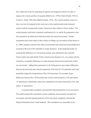 81
have improved on this by separating the agonist and antagonist muscles in order to
improve the velocity profiles of saccades (Bahill et al., 1975b; Clark & Stark, 1976; G.
Cook & L. Stark, 1968; Hsu, Bahill, & Stark, 1976). The velocity profiles, relative to
time, were not investigated in this study, but a more sophisticated ocular dynamics
system could be incorporated to better characterize these effects in future studies. The
ocular dynamics and motor command contributions (A1-A4 and B1-B2 parameters) were
also assumed to be identical for both horizontal and vertical movements. Similar
assumptions have been made in other studies of oblique eye movements (Chen-Harris et
al., 2008), making it unclear if the effect on horizontal and vertical movement differences
occurred at the level of the controller or ocular dynamics. In the proposed model, we
assumed that differences in 1-D axial movements were attributed to the controller.
Future studies may individually fit the vertical ocular dynamics (A1y-A4y) along with the
controllers, to quantify differences in ocular dynamics between horizontal and vertical
eye movements. Adding these parameters to the fitting process may reduce differences
between the horizontal and vertical components of the best-fit 1-D controllers and could
potentially impact the interpretation of the 2-D interactions. For example, larger
differences between the 1-D horizontal and vertical ocular dynamics (1-D, state matrix
‘A’ parameters) could further reduce the contributions of system interactions (2-D, state
matrix ‘A’ parameters).
A second model assumption concerned the internal prediction of eye movement.
The model assumed the oculomotor system completely and accurately estimated eye
movements such that internal prediction of the movement completely canceled the
delayed information from visual feedback. This assumption was reasonable in the
 