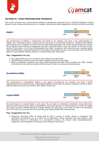 English
Quantitative Ability
Logical Ability
SECTION III: YOUR PERSONALIZED FEEDBACK
This section provides you a personalized feedback automatically generated by our artificial intelligence engine.
Based on your strong and weak areas in a module, it provides you with suggestions and tips to improve yourself.
Your performance in English is satisfactory. According to our analysis, you have a fair understanding of
English. Your vocabulary range is good and you are good at constructing sentences in English with minimal
grammatical errors. However, you find it hard to understand passages and answer questions based on them.
Try to regularly read articles in magazines and then summarize them in your own words. At first, do not get
worried if you take a lot of time understanding the article. Gradually, start improving your reading speed,
while maintaining the comprehension level. If you follow this strategy, we are sure you would soon cart off the
glitches in your English reading, writing or communicating skills. Good luck!
Tips / Suggestions for You
We suggest that you use a dictionary and a thesaurus extensively.
Observe what common errors are made in English and try to avoid them.
Read a newspaper regularly and some good magazines like India Today, Outlook, etc. After reading
the articles, try to write main points of the articles in order to check your understanding.
Your performance in Quantitative Ability is very good. According to our analysis, you have a good
understanding of all relevant areas of Quantitative Ability. You just need to practice enough to remain in touch
with the field and not lose your hold on this subject. Keep it up!
Your performance in Logical Ability is very good. You are able to understand statements, draw inferences
based on them and are also able to spot patterns. Good job! But you are still not perfect. In order to master
this section, practice difficult questions. Though, initially, you may take a lot of time to solve such questions,
but in the long run, you would end up sharpening your Logical Ability skills tremendously.
Tips / Suggestions for You
Abductive reasoning refers to being able to infer a course of action, derive a conclusion, infer
underlying assumptions, etc. to a given set of statements. These questions test your ability to take
decisions based on information in a real-world scenario. You should read analytical/business
magazines and newspapers to improve your abductive reasoning.
 