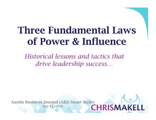 Getwhat’sinyourway,outofthewaysothatyoucanbefarmoresuccessful
Three Fundamental Laws
of Power & Influence
Historical lessons and tactics that
drive leadership success…
Austin Business Journal (ABJ) Smart Series
May 11, 2016
 