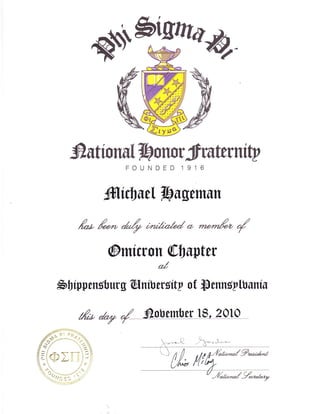 Phi Sigma Pi, Membership Certificate