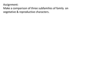 Assignment:
Make a comparison of three subfamilies of family on
vegetative & reproductive characters.
 