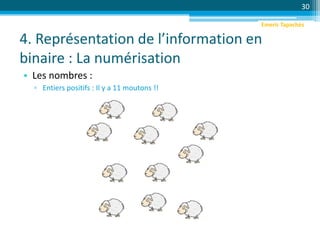 4. Représentation de l’information en
binaire : La numérisation
• Les nombres :
▫ Entiers positifs : Il y a 11 moutons !!
30
Emeric Tapachès
 