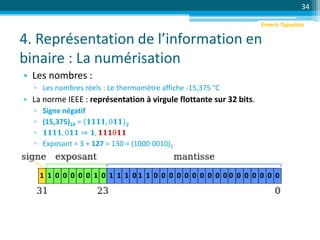 4. Représentation de l’information en
binaire : La numérisation
• Les nombres :
▫ Les nombres réels : Le thermomètre affiche -15,375 °C
• La norme IEEE : représentation à virgule flottante sur 32 bits.
▫ Signe négatif
▫ (15,375)10 = 𝟏𝟏𝟏𝟏, 0𝟏𝟏 𝟐
▫ 𝟏𝟏𝟏𝟏, 0𝟏𝟏 ⇒ 𝟏, 𝟏𝟏𝟏0𝟏𝟏
▫ Exposant = 3 + 127 = 130 = (1000 0010)2
34
1 1 0 0 0 0 0 1 0 1 1 1 0 1 1 0 0 0 0 0 0 0 0 0 0 0 0 0 0 0 0 0
Emeric Tapachès
 
