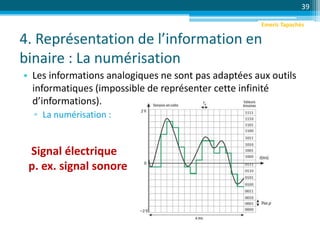 4. Représentation de l’information en
binaire : La numérisation
• Les informations analogiques ne sont pas adaptées aux outils
informatiques (impossible de représenter cette infinité
d’informations).
▫ La numérisation :
39
Signal électrique
p. ex. signal sonore
Emeric Tapachès
 