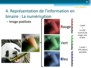 4. Représentation de l’information en
binaire : La numérisation
• Image pixélisée
40
Rouge
Vert
Bleu
1 pixel
=
3 x 256
nuances de
rouge, vert
et bleu
1 octet =
256 valeurs
possibles
Emeric Tapachès
 