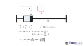 L1
L2
𝜕𝐶
𝜕𝑡
= 𝐷
𝜕2 𝐶
𝜕𝑥2 − 𝑣
𝜕𝐶
𝜕𝑥
𝑣 = 0 𝑛𝑜 𝑐𝑜𝑛𝑣𝑒𝑐𝑡𝑖𝑜𝑛
𝐼. 𝐶: 𝑡 = 0, 𝐶 = 0 𝐵. 𝐶: 𝑡 > 0, 𝑥 = 0 𝐶 = 𝐶𝑖
𝐵. 𝐶: 𝑡 > 0, 𝑥 = 𝐿
𝜕𝐶
𝜕𝑥
= 0
𝐶(𝑥, 𝑡) = 𝐶𝑖 𝑒𝑟𝑓𝑐
𝑥
2 𝐷𝑡
+ 𝑒𝑟𝑓𝑐
2𝐿 − 𝑥
2 𝐷𝑡
W
H
 
