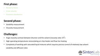 First phase:
• Recovery factor
• Front velocity
• Emulsion distribution
Second phase:
• Solubility measurement
• Viscosity measurement
Challenges:
• Huge viscosity contrast between bitumen and the solvent (viscosity ratio 107
)
• High operating temperatures necessitating on-chip heater and flow line heating
• Complexity of working with saturated liquid mixtures which requires precise control of relatively low solvent
solubility and diffusion rates
 