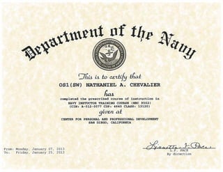 NAVY INSTRUCTOR TRAINING COURSE CERTIFICATE