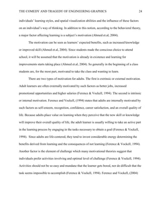 THE COMEDY AND TRAGEDY OF ENGINEERING GRAPHICS 24
individuals’ learning styles, and spatial visualization abilities and the influence of these factors
on an individual’s way of thinking. In addition to this notion, according to the behavioral theory,
a major factor affecting learning is a subject’s motivation (Ahmed et.al, 2004).
The motivation can be seen as learners’ expected benefits, such as increased knowledge
or improved skill (Ahmed et.al, 2004). Since students made the conscious choice to attend
school, it will be assumed that the motivation is already in existence and learning for
improvements starts taking place (Ahmed et.al, 2004). So generally in the beginning of a class
students are, for the most part, motivated to take the class and wanting to learn.
There are two types of motivation for adults. The first is extrinsic or external motivation.
Adult learners are often externally motivated by such factors as better jobs, increased
promotional opportunities and higher salaries (Ference & Vockell, 1994). The second is intrinsic
or internal motivation. Ference and Vockell, (1994) states that adults are internally motivated by
such factors as self-esteem, recognition, confidence, career satisfaction, and an overall quality of
life. Because adults place value on learning when they perceive that the new skill or knowledge
will improve their overall quality of life, the adult learner is usually willing to take an active part
in the learning process by engaging in the tasks necessary to obtain a goal (Ference & Vockell,
1994). Since adults are life-centered, they tend to invest considerable energy determining the
benefits derived from learning and the consequences of not learning (Ference & Vockell, 1994).
Another factor is the element of challenge which many motivational theories suggest that
individuals prefer activities involving and optimal level of challenge (Ference & Vockell, 1994).
Activities should not be so easy and mundane that the learner gets bored, nor do difficult that the
task seems impossible to accomplish (Ference & Vockell, 1994). Ference and Vockell, (2004)
 