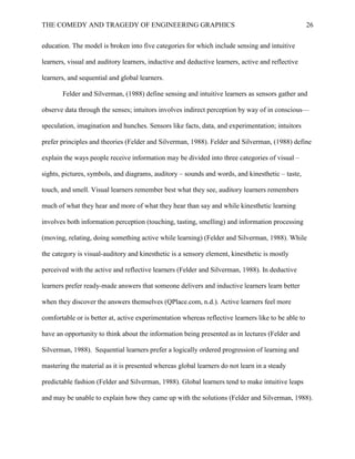 THE COMEDY AND TRAGEDY OF ENGINEERING GRAPHICS 26
education. The model is broken into five categories for which include sensing and intuitive
learners, visual and auditory learners, inductive and deductive learners, active and reflective
learners, and sequential and global learners.
Felder and Silverman, (1988) define sensing and intuitive learners as sensors gather and
observe data through the senses; intuitors involves indirect perception by way of in conscious—
speculation, imagination and hunches. Sensors like facts, data, and experimentation; intuitors
prefer principles and theories (Felder and Silverman, 1988). Felder and Silverman, (1988) define
explain the ways people receive information may be divided into three categories of visual –
sights, pictures, symbols, and diagrams, auditory – sounds and words, and kinesthetic – taste,
touch, and smell. Visual learners remember best what they see, auditory learners remembers
much of what they hear and more of what they hear than say and while kinesthetic learning
involves both information perception (touching, tasting, smelling) and information processing
(moving, relating, doing something active while learning) (Felder and Silverman, 1988). While
the category is visual-auditory and kinesthetic is a sensory element, kinesthetic is mostly
perceived with the active and reflective learners (Felder and Silverman, 1988). In deductive
learners prefer ready-made answers that someone delivers and inductive learners learn better
when they discover the answers themselves (QPlace.com, n.d.). Active learners feel more
comfortable or is better at, active experimentation whereas reflective learners like to be able to
have an opportunity to think about the information being presented as in lectures (Felder and
Silverman, 1988). Sequential learners prefer a logically ordered progression of learning and
mastering the material as it is presented whereas global learners do not learn in a steady
predictable fashion (Felder and Silverman, 1988). Global learners tend to make intuitive leaps
and may be unable to explain how they came up with the solutions (Felder and Silverman, 1988).
 