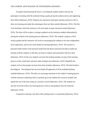 THE COMEDY AND TRAGEDY OF ENGINEERING GRAPHICS 30
In inquiry-based learning the focus is on letting the student explore and actively
participate in learning with the instructor being a guide giving the students advice and supporting
their efforts (Quinonez, 2014). Students are expected to participate and play and active role in
their own learning and under this subcategory there are three models (Quinonez, 2014). The first
is the facilitator which the instructor will work under an open classroom model (Quinonez,
2014). The idea will be to place a stronger emphasis on the instructor-student relationship by
joining the student in the learning process (Quinonez, 2014). The students’ progress will be
loosely guided and the instructor will work on encouraging the students to be more independent,
more exploratory, and involve more hands-on learning (Quinonez, 2014). The second is a
personal model similar to the personal model from the direct instruction but these models are
learning with the students so that they can learn to explore and experiment with new ideas
(Quinonez, 2014). In this way students can learn that making mistakes are part of the learning
process as they watch their instructor make mistakes also (Quinonez, 2014). Hopefully the
students will see that people can learn from their mistakes (Quinonez, 2014). The third model is
the delegator. The delegator has the most hands-off approach of all the modeled teaching
methods (Quinonez, 2014). The idea is to encourage autonomy in the student’s learning process
with the instructor explaining what is expected, gives the students the resources needed, and
spends the rest of the time acting as a resource of sorts (Quinonez, 2014). The students are
actively involved in their own learning process with no real guidance from the instructor
(Quinonez, 2014).
Cooperative learning is the idea of the teaching style is a community (Quinonez, 2014).
 