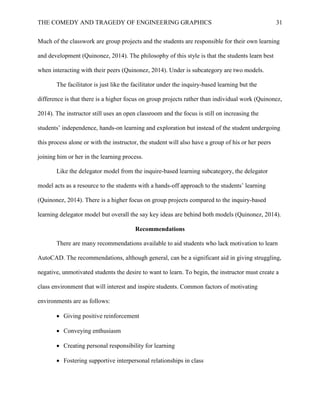 THE COMEDY AND TRAGEDY OF ENGINEERING GRAPHICS 31
Much of the classwork are group projects and the students are responsible for their own learning
and development (Quinonez, 2014). The philosophy of this style is that the students learn best
when interacting with their peers (Quinonez, 2014). Under is subcategory are two models.
The facilitator is just like the facilitator under the inquiry-based learning but the
difference is that there is a higher focus on group projects rather than individual work (Quinonez,
2014). The instructor still uses an open classroom and the focus is still on increasing the
students’ independence, hands-on learning and exploration but instead of the student undergoing
this process alone or with the instructor, the student will also have a group of his or her peers
joining him or her in the learning process.
Like the delegator model from the inquire-based learning subcategory, the delegator
model acts as a resource to the students with a hands-off approach to the students’ learning
(Quinonez, 2014). There is a higher focus on group projects compared to the inquiry-based
learning delegator model but overall the say key ideas are behind both models (Quinonez, 2014).
Recommendations
There are many recommendations available to aid students who lack motivation to learn
AutoCAD. The recommendations, although general, can be a significant aid in giving struggling,
negative, unmotivated students the desire to want to learn. To begin, the instructor must create a
class environment that will interest and inspire students. Common factors of motivating
environments are as follows:
• Giving positive reinforcement
• Conveying enthusiasm
• Creating personal responsibility for learning
• Fostering supportive interpersonal relationships in class
 
