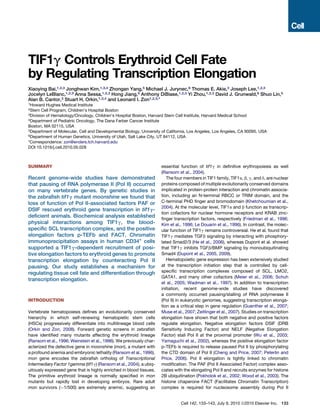 TIF1g Controls Erythroid Cell Fate
by Regulating Transcription Elongation
Xiaoying Bai,1,2,3 Jonghwan Kim,1,3,4 Zhongan Yang,5 Michael J. Jurynec,6 Thomas E. Akie,3 Joseph Lee,1,2,3
Jocelyn LeBlanc,1,2,3 Anna Sessa,1,2,3 Hong Jiang,5 Anthony DiBiase,1,2,3 Yi Zhou,1,2,3 David J. Grunwald,6 Shuo Lin,5
Alan B. Cantor,3 Stuart H. Orkin,1,3,4 and Leonard I. Zon1,2,3,*
1Howard Hughes Medical Institute
2Stem Cell Program, Children’s Hospital Boston
3Division of Hematology/Oncology, Children’s Hospital Boston, Harvard Stem Cell Institute, Harvard Medical School
4Department of Pediatric Oncology, The Dana Farber Cancer Institute
Boston, MA 02115, USA
5Department of Molecular, Cell and Developmental Biology, University of California, Los Angeles, Los Angeles, CA 90095, USA
6Department of Human Genetics, University of Utah, Salt Lake City, UT 84112, USA
*Correspondence: zon@enders.tch.harvard.edu
DOI 10.1016/j.cell.2010.05.028
SUMMARY
Recent genome-wide studies have demonstrated
that pausing of RNA polymerase II (Pol II) occurred
on many vertebrate genes. By genetic studies in
the zebraﬁsh tif1g mutant moonshine we found that
loss of function of Pol II-associated factors PAF or
DSIF rescued erythroid gene transcription in tif1g-
deﬁcient animals. Biochemical analysis established
physical interactions among TIF1g, the blood-
speciﬁc SCL transcription complex, and the positive
elongation factors p-TEFb and FACT. Chromatin
immunoprecipitation assays in human CD34+
cells
supported a TIF1g-dependent recruitment of posi-
tive elongation factors to erythroid genes to promote
transcription elongation by counteracting Pol II
pausing. Our study establishes a mechanism for
regulating tissue cell fate and differentiation through
transcription elongation.
INTRODUCTION
Vertebrate hematopoiesis deﬁnes an evolutionarily conserved
hierarchy in which self-renewing hematopietic stem cells
(HSCs) progressively differentiate into multilineage blood cells
(Orkin and Zon, 2008). Forward genetic screens in zebraﬁsh
have identiﬁed many mutants affecting the erythroid lineage
(Ransom et al., 1996; Weinstein et al., 1996). We previously char-
acterized the defective gene in moonshine (mon), a mutant with
a profound anemia and embryonic lethality (Ransom et al., 1996).
mon gene encodes the zebraﬁsh ortholog of Transcriptional
Intermediary Factor 1gamma (tif1g) (Ransom et al., 2004), a ubiq-
uitously expressed gene that is highly enriched in blood tissues.
The primitive erythroid lineage is normally speciﬁed in mon
mutants but rapidly lost in developing embryos. Rare adult
mon survivors ($1/500) are extremely anemic, suggesting an
essential function of tif1g in deﬁnitive erythropoiesis as well
(Ransom et al., 2004).
The four members in TIF1 family, TIF1a, b, g, and d, are nuclear
proteins composed of multiple evolutionarily conserved domains
implicated in protein-protein interaction and chromatin associa-
tion, including an N-terminal RBCC or TRIM domain, and the
C-terminal PHD ﬁnger and bromodomain (Khetchoumian et al.,
2004). At the molecular level, TIF1a and b function as transcrip-
tion cofactors for nuclear hormone receptors and KRAB zinc-
ﬁnger transcription factors, respectively (Friedman et al., 1996;
Kim et al., 1996; Le Douarin et al., 1996). In contrast, the molec-
ular function of TIF1g remains controversial. He et al. found that
TIF1g mediates TGFb signaling by interacting with phosphory-
lated Smad2/3 (He et al., 2006), whereas Dupont et al. showed
that TIF1g inhibits TGFb/BMP signaling by monoubiquitinating
Smad4 (Dupont et al., 2005, 2009).
Hematopoietic gene expression has been extensively studied
at the transcription initiation step that is controlled by cell-
speciﬁc transcription complexes composed of SCL, LMO2,
GATA1, and many other cofactors (Meier et al., 2006; Schuh
et al., 2005; Wadman et al., 1997). In addition to transcription
initiation, recent genome-wide studies have discovered
a commonly occurred pausing/stalling of RNA polymerase II
(Pol II) in eukaryotic genomes, suggesting transcription elonga-
tion as a critical step in gene regulation (Guenther et al., 2007;
Muse et al., 2007; Zeitlinger et al., 2007). Studies on transcription
elongation have shown that both negative and positive factors
regulate elongation. Negative elongation factors DSIF (DRB
Sensitivity Inducing Factor) and NELF (Negative Elongation
Factor) stall Pol II at the proximal promoter (Wu et al., 2003;
Yamaguchi et al., 2002), whereas the positive elongation factor
p-TEFb is required to release paused Pol II by phosphorylating
the CTD domain of Pol II (Cheng and Price, 2007; Peterlin and
Price, 2006). Pol II elongation is tightly linked to chromatin
modiﬁcation. The PAF (Pol II Associated Factor) complex asso-
ciates with the elongating Pol II and recruits enzymes for histone
2B ubiquitination (Pokholok et al., 2002; Wood et al., 2003). The
histone chaperone FACT (Facilitates Chromatin Transcription)
complex is required for nucleosome assembly during Pol II
Cell 142, 133–143, July 9, 2010 ª2010 Elsevier Inc. 133
 
