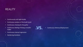 REALITY
• Continuously red night-builds
• Continuous analysis of the build result
• Continuous chasing for the guilty
• Continuous feeling of being a trouble-
maker
• Continuous manual regression
• Hardening iterations
• Continuous Delivery/Deployment
 