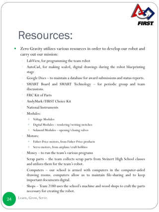 Resources:
Learn, Grow, Serve.24
 Zero Gravity utilizes various resources in order to develop our robot and
carry out our mission:
 LabView, for programming the team robot
 AutoCad, for making scaled, digital drawings during the robot blueprinting
stage
 Google Docs – to maintain a database for award submissions and status reports.
 SMART Board and SMART Technology – for periodic group and team
discussions.
 FRC Kit of Parts
 AndyMark/FIRST Choice Kit
 National Instruments
 Modules:
 Voltage Modules
 Digital Modules – rendering/writing switches
 Solanoid Modules – opening/closing valves
 Motors:
 Fisher-Price motors, from Fisher-Price products
 Servo motors, from airplane/craft hobbies
 Money – to run the team’s various programs
 Scrap parts – the team collects scrap parts from Steinert High School classes
and utilizes them for the team’s robot.
 Computers – our school is armed with computers in the computer-aided
drawing rooms. computers allow us to maintain file-sharing and to keep
important documents digital.
 Shops – Team 2180 uses the school’s machine and wood shops to craft the parts
necessary for creating the robot.
 