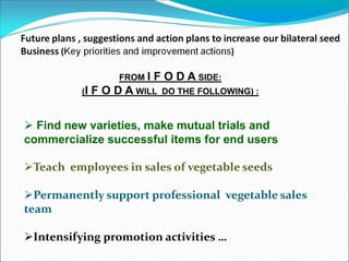 FROM I F O D A SIDE:
(I F O D A WILL DO THE FOLLOWING) :
 Find new varieties, make mutual trials and
commercialize successful items for end users
Teach employees in sales of vegetable seeds
Permanently support professional vegetable sales
team
Intensifying promotion activities …
 