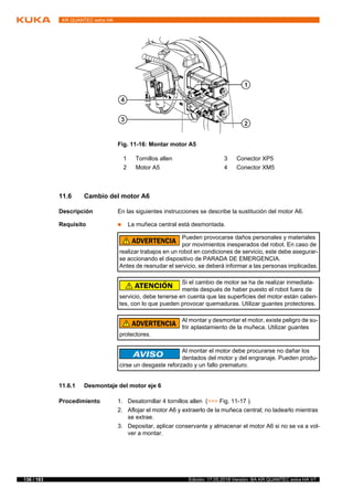 136 / 183 Edición: 17.05.2018 Versión: BA KR QUANTEC extra HA V7
KR QUANTEC extra HA
11.6 Cambio del motor A6
Descripción En las siguientes instrucciones se describe la sustitución del motor A6.
Requisito  La muñeca central está desmontada.
11.6.1 Desmontaje del motor eje 6
Procedimiento 1. Desatornillar 4 tornillos allen (>>> Fig. 11-17 ).
2. Aflojar el motor A6 y extraerlo de la muñeca central; no ladearlo mientras
se extrae.
3. Depositar, aplicar conservante y almacenar el motor A6 si no se va a vol-
ver a montar.
Fig. 11-16: Montar motor A5
1 Tornillos allen 3 Conector XP5
2 Motor A5 4 Conector XM5
Pueden provocarse daños personales y materiales
por movimientos inesperados del robot. En caso de
realizar trabajos en un robot en condiciones de servicio, este debe asegurar-
se accionando el dispositivo de PARADA DE EMERGENCIA.
Antes de reanudar el servicio, se deberá informar a las personas implicadas.
Si el cambio de motor se ha de realizar inmediata-
mente después de haber puesto el robot fuera de
servicio, debe tenerse en cuenta que las superficies del motor están calien-
tes, con lo que pueden provocar quemaduras. Utilizar guantes protectores.
Al montar y desmontar el motor, existe peligro de su-
frir aplastamiento de la muñeca. Utilizar guantes
protectores.
Al montar el motor debe procurarse no dañar los
dentados del motor y del engranaje. Pueden produ-
cirse un desgaste reforzado y un fallo prematuro.
 