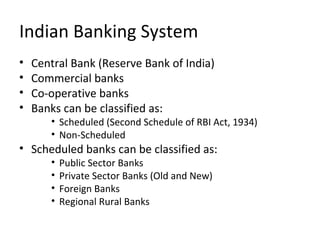 Indian Banking System
• Central Bank (Reserve Bank of India)
• Commercial banks
• Co-operative banks
• Banks can be classified as:
• Scheduled (Second Schedule of RBI Act, 1934)
• Non-Scheduled
• Scheduled banks can be classified as:
• Public Sector Banks
• Private Sector Banks (Old and New)
• Foreign Banks
• Regional Rural Banks
 