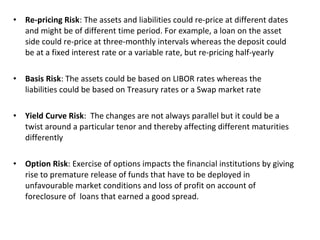 • Re-pricing Risk: The assets and liabilities could re-price at different dates
and might be of different time period. For example, a loan on the asset
side could re-price at three-monthly intervals whereas the deposit could
be at a fixed interest rate or a variable rate, but re-pricing half-yearly
• Basis Risk: The assets could be based on LIBOR rates whereas the
liabilities could be based on Treasury rates or a Swap market rate
• Yield Curve Risk: The changes are not always parallel but it could be a
twist around a particular tenor and thereby affecting different maturities
differently
• Option Risk: Exercise of options impacts the financial institutions by giving
rise to premature release of funds that have to be deployed in
unfavourable market conditions and loss of profit on account of
foreclosure of loans that earned a good spread.
 