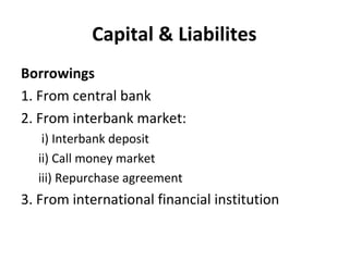 Capital & Liabilites
Borrowings
1. From central bank
2. From interbank market:
i) Interbank deposit
ii) Call money market
iii) Repurchase agreement
3. From international financial institution
 