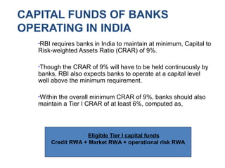 CAPITAL FUNDS OF BANKS
OPERATING IN INDIA
●
RBI requires banks in India to maintain at minimum, Capital to
Risk-weighted Assets Ratio (CRAR) of 9%.
●
Though the CRAR of 9% will have to be held continuously by
banks, RBI also expects banks to operate at a capital level
well above the minimum requirement.
●
Within the overall minimum CRAR of 9%, banks should also
maintain a Tier I CRAR of at least 6%, computed as,
Eligible Tier I capital funds
Credit RWA + Market RWA + operational risk RWA
 