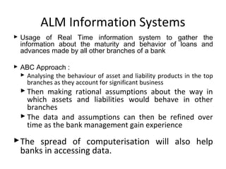 ALM Information Systems
 Usage of Real Time information system to gather the
information about the maturity and behavior of loans and
advances made by all other branches of a bank
 ABC Approach :
 Analysing the behaviour of asset and liability products in the top
branches as they account for significant business
 Then making rational assumptions about the way in
which assets and liabilities would behave in other
branches
 The data and assumptions can then be refined over
time as the bank management gain experience
The spread of computerisation will also help
banks in accessing data.
 