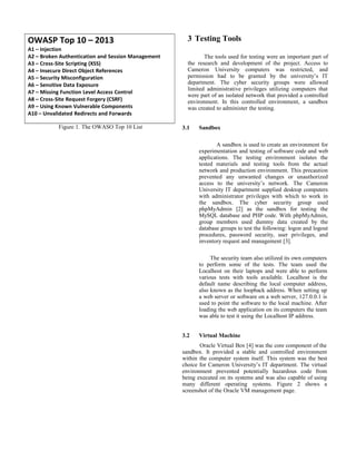 OWASP Top 10 – 2013
A1 – Injection
A2 – Broken Authentication and Session Management
A3 – Cross-Site Scripting (XSS)
A4 – Insecure Direct Object References
A5 – Security Misconfiguration
A6 – Sensitive Data Exposure
A7 – Missing Function Level Access Control
A8 – Cross-Site Request Forgery (CSRF)
A9 – Using Known Vulnerable Components
A10 – Unvalidated Redirects and Forwards
Figure 1. The OWASO Top 10 List
3 Testing Tools
The tools used for testing were an important part of
the research and development of the project. Access to
Cameron University computers was restricted, and
permission had to be granted by the university’s IT
department. The cyber security groups were allowed
limited administrative privileges utilizing computers that
were part of an isolated network that provided a controlled
environment. In this controlled environment, a sandbox
was created to administer the testing.
3.1 Sandbox
A sandbox is used to create an environment for
experimentation and testing of software code and web
applications. The testing environment isolates the
tested materials and testing tools from the actual
network and production environment. This precaution
prevented any unwanted changes or unauthorized
access to the university’s network. The Cameron
University IT department supplied desktop computers
with administrator privileges with which to work in
the sandbox. The cyber security group used
phpMyAdmin [2] as the sandbox for testing the
MySQL database and PHP code. With phpMyAdmin,
group members used dummy data created by the
database groups to test the following: logon and logout
procedures, password security, user privileges, and
inventory request and management [3].
The security team also utilized its own computers
to perform some of the tests. The team used the
Localhost on their laptops and were able to perform
various tests with tools available. Localhost is the
default name describing the local computer address,
also known as the loopback address. When setting up
a web server or software on a web server, 127.0.0.1 is
used to point the software to the local machine. After
loading the web application on its computers the team
was able to test it using the Localhost IP address.
3.2 Virtual Machine
Oracle Virtual Box [4] was the core component of the
sandbox. It provided a stable and controlled environment
within the computer system itself. This system was the best
choice for Cameron University’s IT department. The virtual
environment prevented potentially hazardous code from
being executed on its systems and was also capable of using
many different operating systems. Figure 2 shows a
screenshot of the Oracle VM management page.
 