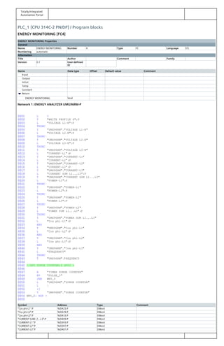 Totally Integrated
Automation Portal
PLC_1 [CPU 314C-2 PN/DP] / Program blocks
ENERGY MONITORING [FC4]
ENERGY MONITORING Properties
General
Name ENERGY MONITORING Number 4 Type FC Language STL
Numbering automatic
Information
Title Author Comment Family
Version 0.1 User-defined
ID
Name Data type Offset Default value Comment
Input
Output
InOut
Temp
Constant
Return
ENERGY MONITORING Void
Network 1: ENERGY ANALYZER UMG96RM-P
0001 L 8
0002 T "WRITE PROFILE 8":P
0003 L "VOLTAGE L1-N":P
0004 TRUNC
0005 T "UMG96RM"."VOLTAGE L1-N"
0006 L "VOLTAGE L2-N":P
0007 TRUNC
0008 T "UMG96RM"."VOLTAGE L2-N"
0009 L "VOLTAGE L3-N":P
0010 TRUNC
0011 T "UMG96RM"."VOLTAGE L3-N"
0012 L "CURRENT-L1":P
0013 T "UMG96RM"."CURRENT-L1"
0014 L "CURRENT-L2":P
0015 T "UMG96RM"."CURRENT-L2"
0016 L "CURRENT-L3":P
0017 T "UMG96RM"."CURRENT-L3"
0018 L "CURRENT SUM L1...L3":P
0019 T "UMG96RM"."CURRENT SUM L1...L3"
0020 L "POWER-L1":P
0021 TRUNC
0022 T "UMG96RM"."POWER-L1"
0023 L "POWER-L2":P
0024 TRUNC
0025 T "UMG96RM"."POWER-L2"
0026 L "POWER-L3":P
0027 TRUNC
0028 T "UMG96RM"."POWER-L3"
0029 L "POWER SUM L1...L3":P
0030 TRUNC
0031 T "UMG96RM"."POWER SUM L1...L3"
0032 L "Cos phi-L1":P
0033 ABS
0034 T "UMG96RM"."Cos phi-L1"
0035 L "Cos phi-L2":P
0036 ABS
0037 T "UMG96RM"."Cos phi-L2"
0038 L "Cos phi-L3":P
0039 ABS
0040 T "UMG96RM"."Cos phi-L3"
0041 L "FREQUENCY"
0042 TRUNC
0043 T "UMG96RM".FREQUENCY
0044
0045 //SPD SURGE COUNTER(4 SPD3 )
0046
0047 A "TIMER SURGE COUNTER"
0048 FP "PULSE_3"
0049 JNB WNV_0
0050 L "UMG96RM"."SURGE COUNTER"
0051 L 1
0052 +I
0053 T "UMG96RM"."SURGE COUNTER"
0054 WNV_0: NOP 0
0055
Symbol Address Type Comment
"Cos phi-L1":P %ID425:P DWord
"Cos phi-L2":P %ID429:P DWord
"Cos phi-L3":P %ID433:P DWord
"CURRENT SUM L1...L3":P %ID409:P DWord
"CURRENT-L1":P %ID393:P DWord
"CURRENT-L2":P %ID397:P DWord
"CURRENT-L3":P %ID401:P DWord
 