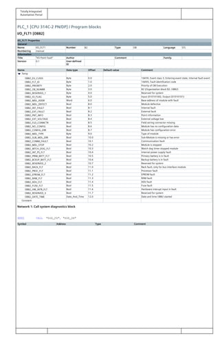 Totally Integrated
Automation Portal
PLC_1 [CPU 314C-2 PN/DP] / Program blocks
I/O_FLT1 [OB82]
I/O_FLT1 Properties
General
Name I/O_FLT1 Number 82 Type OB Language STL
Numbering manual
Information
Title "I/O Point Fault" Author Comment Family
Version 0.1 User-defined
ID
Name Data type Offset Default value Comment
Temp
OB82_EV_CLASS Byte 0.0 16#39, Event class 3, Entering event state, Internal fault event
OB82_FLT_ID Byte 1.0 16#XX, Fault identifcation code
OB82_PRIORITY Byte 2.0 Priority of OB Execution
OB82_OB_NUMBR Byte 3.0 82 (Organization block 82, OB82)
OB82_RESERVED_1 Byte 4.0 Reserved for system
OB82_IO_FLAG Byte 5.0 Input (01010100), Output (01010101)
OB82_MDL_ADDR Word 6.0 Base address of module with fault
OB82_MDL_DEFECT Bool 8.0 Module defective
OB82_INT_FAULT Bool 8.1 Internal fault
OB82_EXT_FAULT Bool 8.2 External fault
OB82_PNT_INFO Bool 8.3 Point information
OB82_EXT_VOLTAGE Bool 8.4 External voltage low
OB82_FLD_CONNCTR Bool 8.5 Field wiring connector missing
OB82_NO_CONFIG Bool 8.6 Module has no configuration data
OB82_CONFIG_ERR Bool 8.7 Module has configuration error
OB82_MDL_TYPE Byte 9.0 Type of module
OB82_SUB_MDL_ERR Bool 10.0 Sub-Module is missing or has error
OB82_COMM_FAULT Bool 10.1 Communication fault
OB82_MDL_STOP Bool 10.2 Module is stopped
OB82_WTCH_DOG_FLT Bool 10.3 Watch dog timer stopped module
OB82_INT_PS_FLT Bool 10.4 Internal power supply fault
OB82_PRIM_BATT_FLT Bool 10.5 Primary battery is in fault
OB82_BCKUP_BATT_FLT Bool 10.6 Backup battery is in fault
OB82_RESERVED_2 Bool 10.7 Reserved for system
OB82_RACK_FLT Bool 11.0 Rack fault, only for bus interface module
OB82_PROC_FLT Bool 11.1 Processor fault
OB82_EPROM_FLT Bool 11.2 EPROM fault
OB82_RAM_FLT Bool 11.3 RAM fault
OB82_ADU_FLT Bool 11.4 ADU fault
OB82_FUSE_FLT Bool 11.5 Fuse fault
OB82_HW_INTR_FLT Bool 11.6 Hardware interupt input in fault
OB82_RESERVED_3 Bool 11.7 Reserved for system
OB82_DATE_TIME Date_And_Time 12.0 Date and time OB82 started
Constant
Network 1: Call system diagnostics block
0001 CALL "RSE_FB", "RSE_DB"
Symbol Address Type Comment
 