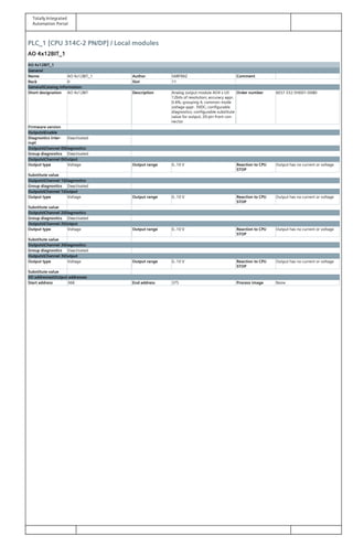 Totally Integrated
Automation Portal
PLC_1 [CPU 314C-2 PN/DP] / Local modules
AO 4x12BIT_1
AO 4x12BIT_1
General
Name AO 4x12BIT_1 Author SARFRAZ Comment
Rack 0 Slot 11
GeneralCatalog information
Short designation AO 4x12BIT Description Analog output module AO4 x U/I
12bits of resolution; accuracy appr.
0.6%; grouping 4; common mode
voltage appr. 3VDC; configurable
diagnostics; configurable substitute
value for output; 20-pin front con‐
nector
Order number 6ES7 332-5HD01-0AB0
Firmware version
OutputsEnable
Diagnostics inter‐
rupt
Deactivated
OutputsChannel 0Diagnostics
Group diagnostics Deactivated
OutputsChannel 0Output
Output type Voltage Output range 0..10 V Reaction to CPU
STOP
Output has no current or voltage
Substitute value
OutputsChannel 1Diagnostics
Group diagnostics Deactivated
OutputsChannel 1Output
Output type Voltage Output range 0..10 V Reaction to CPU
STOP
Output has no current or voltage
Substitute value
OutputsChannel 2Diagnostics
Group diagnostics Deactivated
OutputsChannel 2Output
Output type Voltage Output range 0..10 V Reaction to CPU
STOP
Output has no current or voltage
Substitute value
OutputsChannel 3Diagnostics
Group diagnostics Deactivated
OutputsChannel 3Output
Output type Voltage Output range 0..10 V Reaction to CPU
STOP
Output has no current or voltage
Substitute value
I/O addressesOutput addresses
Start address 368 End address 375 Process image None
 