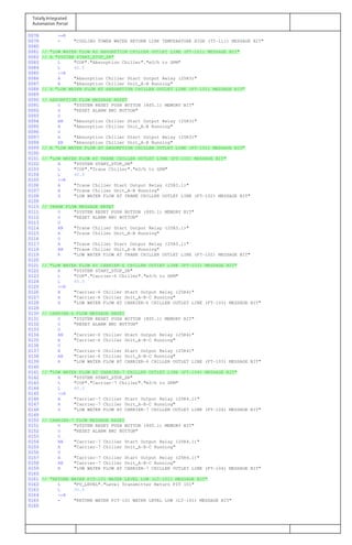Totally Integrated
Automation Portal
0078 >=R
0079 = "COOLING TOWER WATER RETURN LINE TEMPERATURE HIGH (TT-111) MESSAGE BIT"
0080
0081 // "LOW WATER FLOW AT ABSORPTION CHILLER OUTLET LINE (FT-101) MESSAGE BIT"
0082 // A "SYSTEM START_STOP_SR"
0083 L "COP"."Absorption Chiller"."m3/h to GPM"
0084 L 40.0
0085 <=R
0086 A "Absorption Chiller Start Output Relay (25R3)"
0087 A "Absorption Chiller Unit_A-B Running"
0088 // S "LOW WATER FLOW AT ABSORPTION CHILLER OUTLET LINE (FT-101) MESSAGE BIT"
0089
0090 // ABSORPTION FLOW MESSAGE RESET
0091 O "SYSTEM RESET PUSH BUTTON (8S5.1) MEMORY BIT"
0092 O "RESET ALARM HMI BUTTON"
0093 O
0094 AN "Absorption Chiller Start Output Relay (25R3)"
0095 A "Absorption Chiller Unit_A-B Running"
0096 O
0097 A "Absorption Chiller Start Output Relay (25R3)"
0098 AN "Absorption Chiller Unit_A-B Running"
0099 // R "LOW WATER FLOW AT ABSORPTION CHILLER OUTLET LINE (FT-101) MESSAGE BIT"
0100
0101 // "LOW WATER FLOW AT TRANE CHILLER OUTLET LINE (FT-102) MESSAGE BIT"
0102 A "SYSTEM START_STOP_SR"
0103 L "COP"."Trane Chiller"."m3/h to GPM"
0104 L 40.0
0105 <=R
0106 A "Trane Chiller Start Output Relay (25R3.1)"
0107 A "Trane Chiller Unit_A-B Running"
0108 S "LOW WATER FLOW AT TRANE CHILLER OUTLET LINE (FT-102) MESSAGE BIT"
0109
0110 // TRANE FLOW MESSAGE RESET
0111 O "SYSTEM RESET PUSH BUTTON (8S5.1) MEMORY BIT"
0112 O "RESET ALARM HMI BUTTON"
0113 O
0114 AN "Trane Chiller Start Output Relay (25R3.1)"
0115 A "Trane Chiller Unit_A-B Running"
0116 O
0117 A "Trane Chiller Start Output Relay (25R3.1)"
0118 AN "Trane Chiller Unit_A-B Running"
0119 R "LOW WATER FLOW AT TRANE CHILLER OUTLET LINE (FT-102) MESSAGE BIT"
0120
0121 // "LOW WATER FLOW AT CARRIER-6 CHILLER OUTLET LINE (FT-103) MESSAGE BIT"
0122 A "SYSTEM START_STOP_SR"
0123 L "COP"."Carrier-6 Chiller"."m3/h to GPM"
0124 L 40.0
0125 <=R
0126 A "Carrier-6 Chiller Start Output Relay (25R4)"
0127 A "Carrier-6 Chiller Unit_A-B-C Running"
0128 S "LOW WATER FLOW AT CARRIER-6 CHILLER OUTLET LINE (FT-103) MESSAGE BIT"
0129
0130 // CARRIER-6 FLOW MESSAGE RESET
0131 O "SYSTEM RESET PUSH BUTTON (8S5.1) MEMORY BIT"
0132 O "RESET ALARM HMI BUTTON"
0133 O
0134 AN "Carrier-6 Chiller Start Output Relay (25R4)"
0135 A "Carrier-6 Chiller Unit_A-B-C Running"
0136 O
0137 A "Carrier-6 Chiller Start Output Relay (25R4)"
0138 AN "Carrier-6 Chiller Unit_A-B-C Running"
0139 R "LOW WATER FLOW AT CARRIER-6 CHILLER OUTLET LINE (FT-103) MESSAGE BIT"
0140
0141 // "LOW WATER FLOW AT CARRIER-7 CHILLER OUTLET LINE (FT-104) MESSAGE BIT"
0142 A "SYSTEM START_STOP_SR"
0143 L "COP"."Carrier-7 Chiller"."m3/h to GPM"
0144 L 40.0
0145 <=R
0146 A "Carrier-7 Chiller Start Output Relay (25R4.1)"
0147 A "Carrier-7 Chiller Unit_A-B-C Running"
0148 S "LOW WATER FLOW AT CARRIER-7 CHILLER OUTLET LINE (FT-104) MESSAGE BIT"
0149
0150 // CARRIER-7 FLOW MESSAGE RESET
0151 O "SYSTEM RESET PUSH BUTTON (8S5.1) MEMORY BIT"
0152 O "RESET ALARM HMI BUTTON"
0153 O
0154 AN "Carrier-7 Chiller Start Output Relay (25R4.1)"
0155 A "Carrier-7 Chiller Unit_A-B-C Running"
0156 O
0157 A "Carrier-7 Chiller Start Output Relay (25R4.1)"
0158 AN "Carrier-7 Chiller Unit_A-B-C Running"
0159 R "LOW WATER FLOW AT CARRIER-7 CHILLER OUTLET LINE (FT-104) MESSAGE BIT"
0160
0161 // "RETURN WATER PIT-101 WATER LEVEL LOW (LT-101) MESSAGE BIT"
0162 L "PV_LEVEL"."Level Transmitter Return PIT 101"
0163 L 30.0
0164 <=R
0165 = "RETURN WATER PIT-101 WATER LEVEL LOW (LT-101) MESSAGE BIT"
0166
 