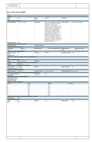 Totally Integrated
Automation Portal
PLC_1 [CPU 314C-2 PN/DP]
PLC_1
General
Name PLC_1 Author SARFRAZ Comment
Rack 0 Slot 2
GeneralCatalog information
Short designation CPU 314C-2 PN/DP Description Work memory 192KB; 0.6ms/1000
instructions; DI24/DO16; AI5/AO2
integrated; 4 pulse outputs
(2.5kHz); 4 channels counting and
measuring with 24 V (60kHz) incre‐
mental encoders; integrated posi‐
tioning function; PROFINET inter‐
face and 2 Ports; MRP; PROFINET
CBA; PROFINET CBA Proxy; TCP/IP
transport protocol; combined
MPI/DP interface (MPI or DP master
or DP slave); multi-tier configura‐
tion up to 31 modules; capable of
sending and receiving in direct data
exchange; constant bus cycle time;
routing; firmware V3.3
Order number 6ES7 314-6EH04-0AB0
Firmware version V3.3
GeneralIdentification & Maintenance
Plant designation Location identifier
Isochronous mode interrupts
OB number Priority Distributed I/O Process image partition(s) Delay time (ms) Automatic setting
OB 61: 25 0 0.000 True
Isochronous mode interruptsOB 61
Application cycle
(ms):
0ms Time lag: 0.000ms Automatic setting True
Distributed I/O: 0
Isochronous mode interruptsOB 61Process image partition
PIP:
MPI/DP interfaceGeneral
Name MPI/DP interface_1 Comment
MPI/DP interfacePROFIBUS addressInterface networked with
Subnet: PROFIBUS_1
MPI/DP interfacePROFIBUS addressParameters
Interface type: PROFIBUS Address: 2 Highest address: 126
Transmission speed: 1.5 Mbps
MPI/DP interfaceOperating mode
Operating mode DP master DP master system: DP-Mastersystem (1) Assigned DP Master: Not assigned
MPI/DP interfaceOperating modeDPOperatingModeAddOnsMenu
Test, commissioning
and routing
False Watchdog True
MPI/DP interfaceAnchor (TimeSyncMenu)
The TreeNode Time‐
SyncMenu was not
filled by some ACF
MPI/DP interfaceSYNC/FREEZE
Group SYNC FREEZE Comment
1 True True
2 True True
3 True True
4 True True
5 True True
6 True True
7 True True
8 True True
MPI/DP interfaceDiagnostics addressesDiagnostics addresses
Start address 2047
Overview of addresses
Inputs True Outputs True Address gaps False
Slot True
 