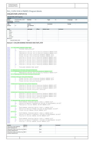 Totally Integrated
Automation Portal
PLC_1 [CPU 314C-2 PN/DP] / Program blocks
CHILLER START_STOP [FC13]
CHILLER START_STOP Properties
General
Name CHILLER START_STOP Number 13 Type FC Language LAD
Numbering automatic
Information
Title Author Comment Family
Version 0.1 User-defined
ID
Name Data type Offset Default value Comment
Input
Output
InOut
Temp
Constant
Return
CHILLER START_STOP Void
Network 1: CHILLERS RUNNING FEED BACK AND START_STOP
0001 /// CHILLERS RUNNING FEED BACK
0002 A "SYSTEM START_STOP_SR"
0003 A(
0004 O "Absorption Chiller Unit-A Running Feedback MEMORY BIT"
0005 O "Absorption Chiller Unit-B Running Feedback MEMORY BIT"
0006 O "Trane Chiller Unit-A Running Feedback MEMORY BIT"
0007 O "Trane Chiller Unit-B Running Feedback MEMORY BIT"
0008 O "Carrier-6 Chiller Unit-A Running Feedback MEMORY BIT"
0009 O "Carrier-6 Chiller Unit-B Running Feedback MEMORY BIT"
0010 O "Carrier-6 Chiller Unit-C Running Feedback MEMORY BIT"
0011 O "Carrier-7 Chiller Unit-A Running Feedback MEMORY BIT"
0012 O "Carrier-7 Chiller Unit-B Running Feedback MEMORY BIT"
0013 ON "Carrier-7 Chiller Unit-C Running Feedback MEMORY BIT"
0014 )
0015 = "CHILLERS RUNNING FEED BACK"
0016
0017 // Absorption Chiller Unit_A-B Running
0018 // O "Absorption Chiller Unit-A Running Feedback MEMORY BIT"
0019 O "Absorption Chiller Unit-B Running Feedback MEMORY BIT"
0020 // = "Absorption Chiller Unit_A-B Running"
0021
0022 //Trane Chiller Unit_A-B Running
0023 O "Trane Chiller Unit-A Running Feedback MEMORY BIT"
0024 O "Trane Chiller Unit-B Running Feedback MEMORY BIT"
0025 = "Trane Chiller Unit_A-B Running"
0026
0027 //Carrier-6 Chiller Unit_A-B-C Running
0028 O "Carrier-6 Chiller Unit-A Running Feedback MEMORY BIT"
0029 O "Carrier-6 Chiller Unit-B Running Feedback MEMORY BIT"
0030 O "Carrier-6 Chiller Unit-C Running Feedback MEMORY BIT"
0031 = "Carrier-6 Chiller Unit_A-B-C Running"
0032
0033 //Carrier-7 Chiller Unit_A-B-C Running
0034 O "Carrier-7 Chiller Unit-A Running Feedback MEMORY BIT"
0035 O "Carrier-7 Chiller Unit-B Running Feedback MEMORY BIT"
0036 O "Carrier-7 Chiller Unit-C Running Feedback MEMORY BIT"
0037 = "Carrier-7 Chiller Unit_A-B-C Running"
0038
0039 // RELEASE HMI BUTTON ON AUTO SELECTION
0040 A "AUTO/MANUAL SELECTOR SWITCH (8SS6.1) MEMORY BIT"
0041 AN "Retentive Memory"."ABSORPTION CHILLER ON MAINTENANCE ON/OFF"
0042 R "Absorption Chiller MANUAL ON/OFF MEMORY BIT"
0043 //^^^^//
0044 A "AUTO/MANUAL SELECTOR SWITCH (8SS6.1) MEMORY BIT"
0045 AN "Retentive Memory"."TRANE CHILLER ON MAINTENANCE ON/OFF"
0046 R "Trane Chiller MANUAL ON/OFF MEMORY BIT"
0047 //^^^^//
0048 A "AUTO/MANUAL SELECTOR SWITCH (8SS6.1) MEMORY BIT"
0049 AN "Retentive Memory"."CARRIER-6 CHILLER ON MAINTENANCE ON/OFF"
0050 R "Carrier-6 Chiller MANUAL ON/OFF MEMORY BIT"
0051 //^^^^//
0052 A "AUTO/MANUAL SELECTOR SWITCH (8SS6.1) MEMORY BIT"
0053 AN "Retentive Memory"."CARRIER-7 CHILLER ON MAINTENANCE ON/OFF"
0054 R "Carrier-7 Chiller MANUAL ON/OFF MEMORY BIT"
0055
Symbol Address Type Comment
"Absorption Chiller MANUAL
ON/OFF MEMORY BIT"
%M73.0 Bool
"Absorption Chiller Unit-A Running
Feedback MEMORY BIT"
%M4.0 Bool
"Absorption Chiller Unit-B Running
Feedback MEMORY BIT"
%M4.1 Bool
 