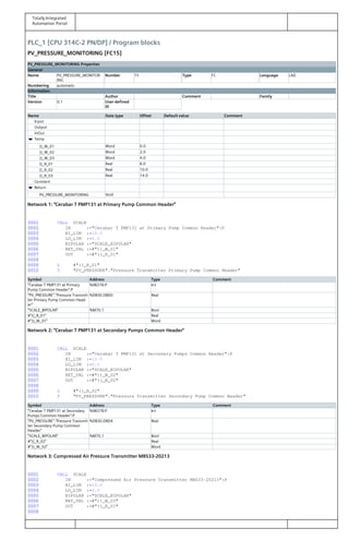 Totally Integrated
Automation Portal
PLC_1 [CPU 314C-2 PN/DP] / Program blocks
PV_PRESSURE_MONITORING [FC15]
PV_PRESSURE_MONITORING Properties
General
Name PV_PRESSURE_MONITOR‐
ING
Number 15 Type FC Language LAD
Numbering automatic
Information
Title Author Comment Family
Version 0.1 User-defined
ID
Name Data type Offset Default value Comment
Input
Output
InOut
Temp
))_W_01 Word 0.0
))_W_02 Word 2.0
))_W_03 Word 4.0
((_R_01 Real 6.0
((_R_02 Real 10.0
((_R_03 Real 14.0
Constant
Return
PV_PRESSURE_MONITORING Void
Network 1: "Cerabar T PMP131 at Primary Pump Common Header"
0001 CALL SCALE
0002 IN :="Cerabar T PMP131 at Primary Pump Common Header":P
0003 HI_LIM :=10.0
0004 LO_LIM :=0.0
0005 BIPOLAR :="SCALE_BIPOLAR"
0006 RET_VAL :=#"))_W_01"
0007 OUT :=#"((_R_01"
0008
0009 L #"((_R_01"
0010 T "PV_PRESSURE"."Pressure Transmitter Primary Pump Common Header"
Symbol Address Type Comment
"Cerabar T PMP131 at Primary
Pump Common Header":P
%IW276:P Int
"PV_PRESSURE"."Pressure Transmit‐
ter Primary Pump Common Head‐
er"
%DB30.DBD0 Real
"SCALE_BIPOLAR" %M70.1 Bool
#"((_R_01" Real
#"))_W_01" Word
Network 2: "Cerabar T PMP131 at Secondary Pumps Common Header"
0001 CALL SCALE
0002 IN :="Cerabar T PMP131 at Secondary Pumps Common Header":P
0003 HI_LIM :=10.0
0004 LO_LIM :=0.0
0005 BIPOLAR :="SCALE_BIPOLAR"
0006 RET_VAL :=#"))_W_02"
0007 OUT :=#"((_R_02"
0008
0009 L #"((_R_02"
0010 T "PV_PRESSURE"."Pressure Transmitter Secondary Pump Common Header"
Symbol Address Type Comment
"Cerabar T PMP131 at Secondary
Pumps Common Header":P
%IW278:P Int
"PV_PRESSURE"."Pressure Transmit‐
ter Secondary Pump Common
Header"
%DB30.DBD4 Real
"SCALE_BIPOLAR" %M70.1 Bool
#"((_R_02" Real
#"))_W_02" Word
Network 3: Compressed Air Pressure Transmitter MBS33-20213
0001 CALL SCALE
0002 IN :="Compressed Air Pressure Transmitter MBS33-20213":P
0003 HI_LIM :=10.0
0004 LO_LIM :=0.0
0005 BIPOLAR :="SCALE_BIPOLAR"
0006 RET_VAL :=#"))_W_03"
0007 OUT :=#"((_R_03"
0008
 