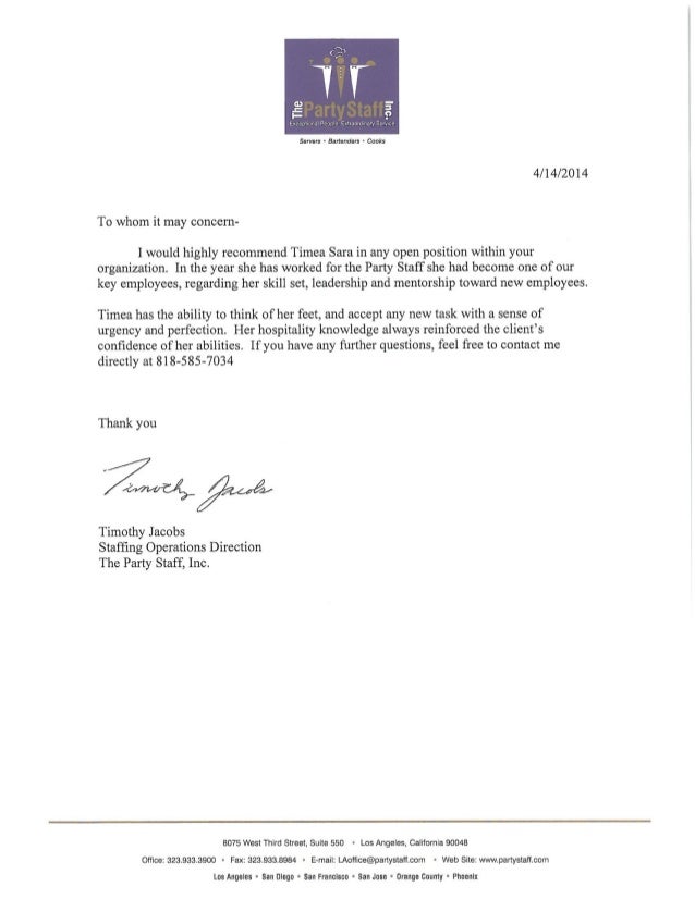 Job Re Mendation Letter Party Staff